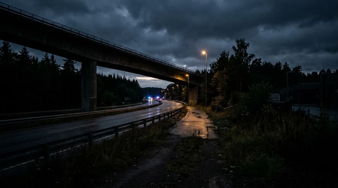 A dark, night scene of the E18 highway near Nøklegård, lit by distant streetlights.