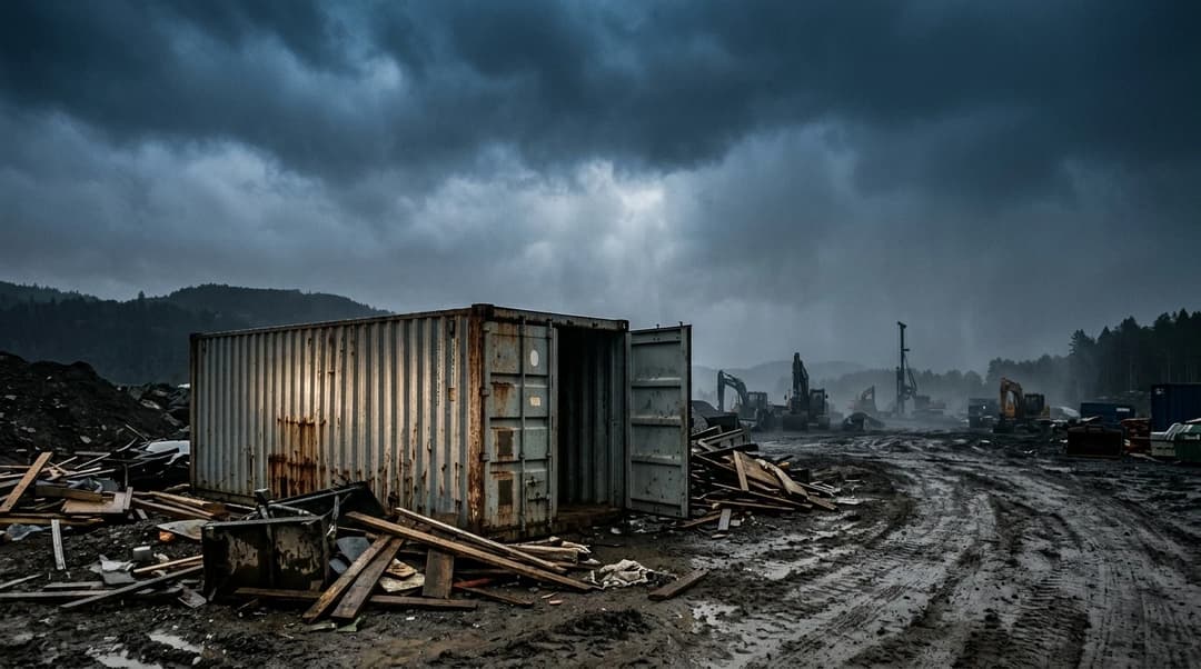 A construction site shipping container ajar under stormy clouds.