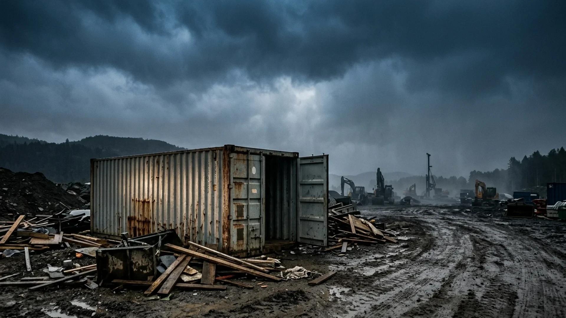 A construction site shipping container ajar under stormy clouds.