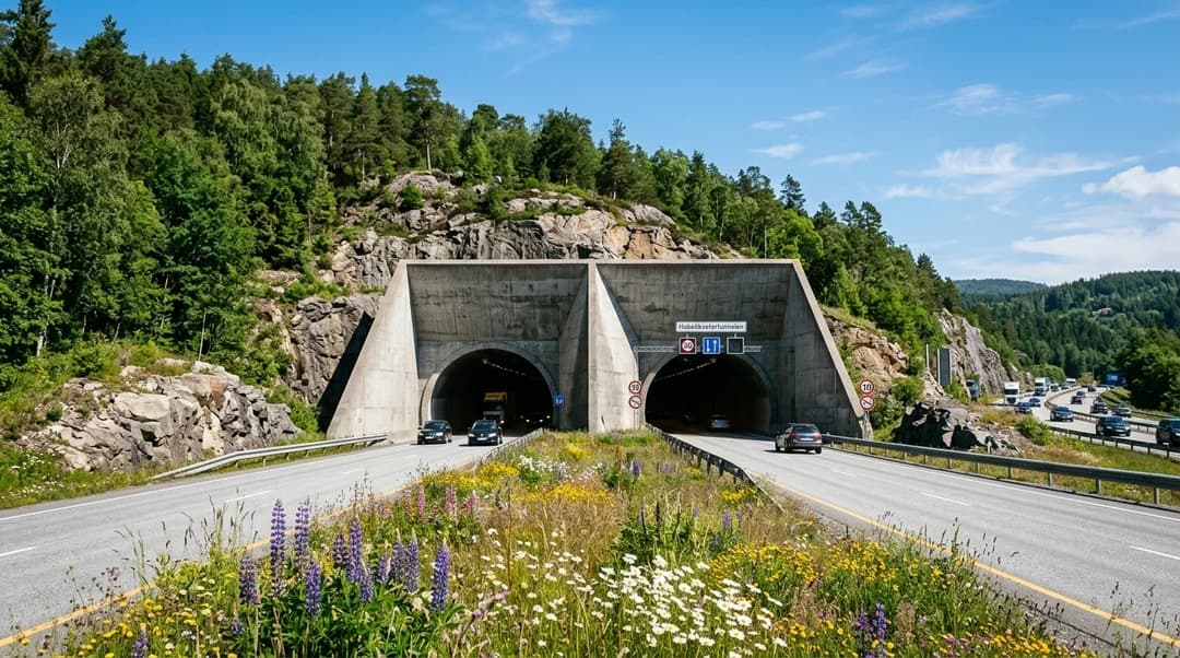 A wide shot of the Hobekksetertunnel on the E18 in Larvik under bright sunlight with lush greenery.