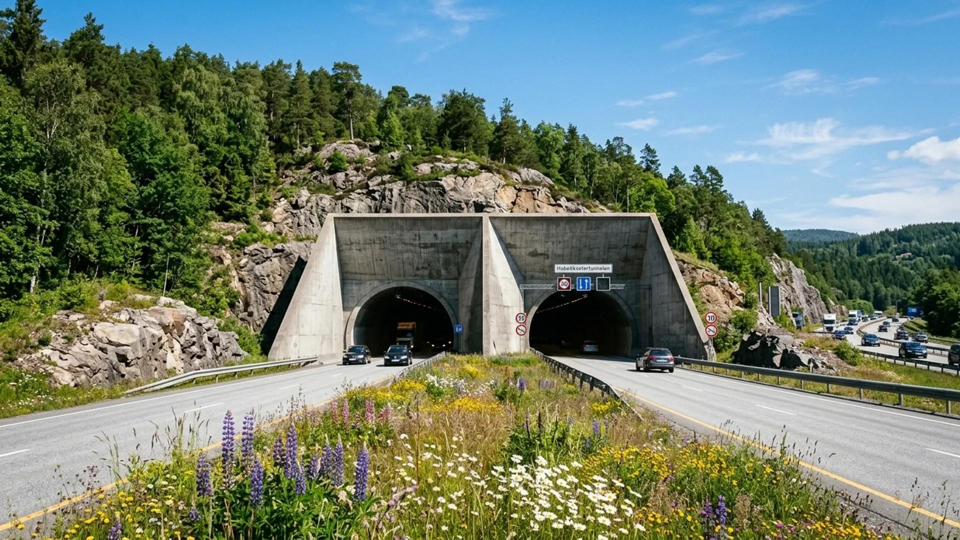 A wide shot of the Hobekksetertunnel on the E18 in Larvik under bright sunlight with lush greenery.