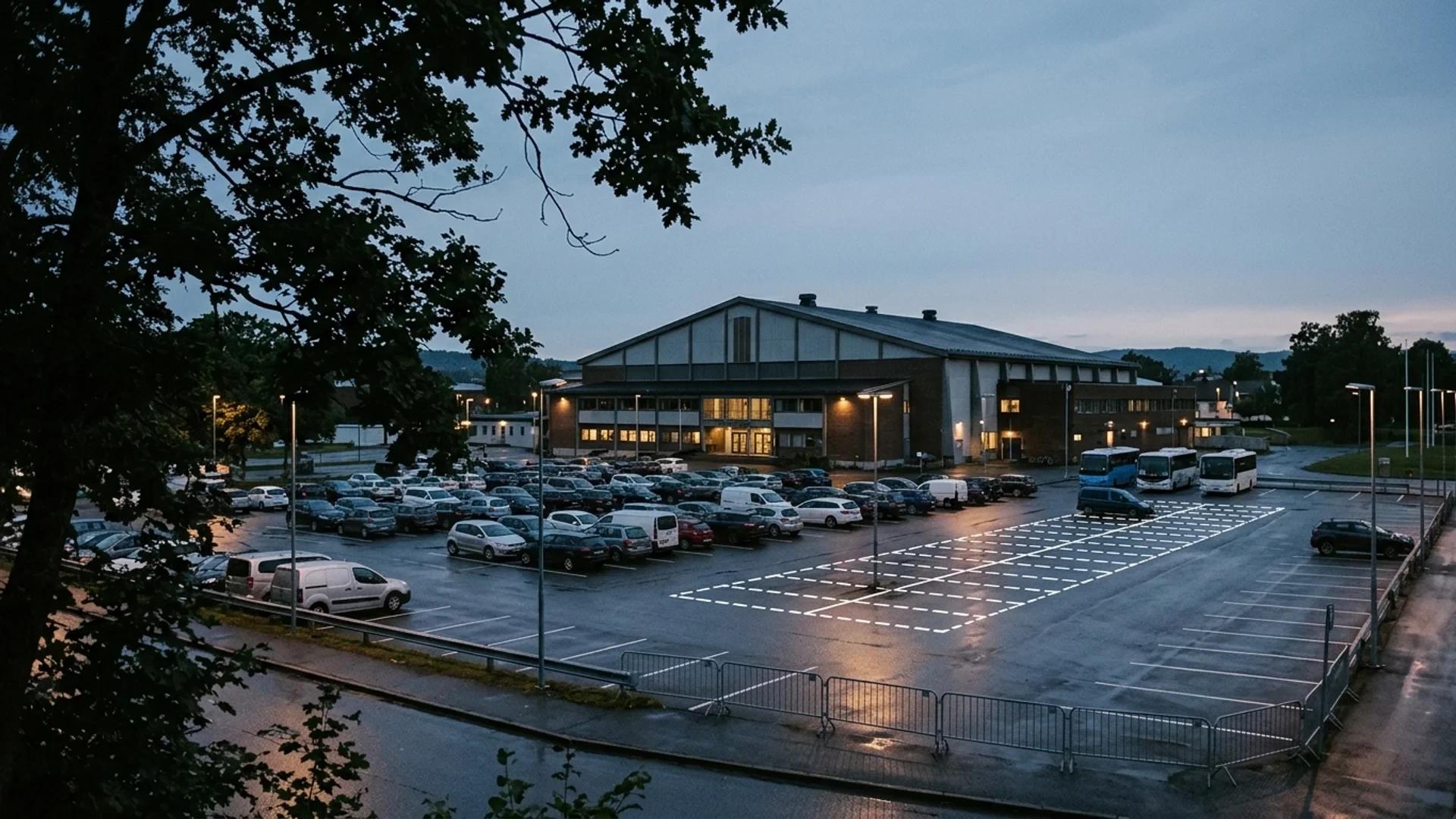 A wide shot of Bergslihallen in Larvik at dusk, highlighting planned parking area expansions.