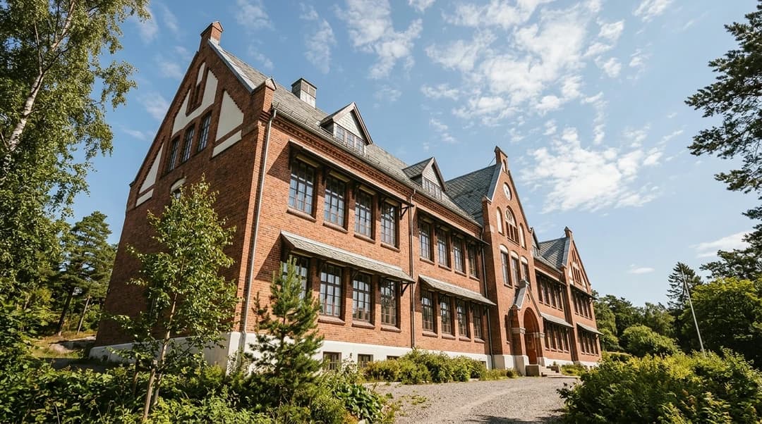A photograph of Stavern skole in Larvik taken from a low angle, showcasing its architectural features against a clear sky.