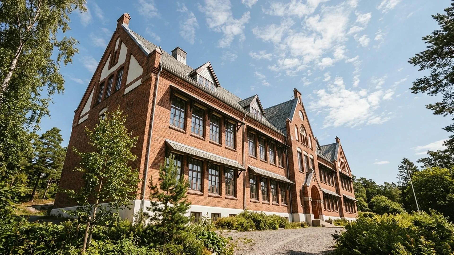 A photograph of Stavern skole in Larvik taken from a low angle, showcasing its architectural features against a clear sky.