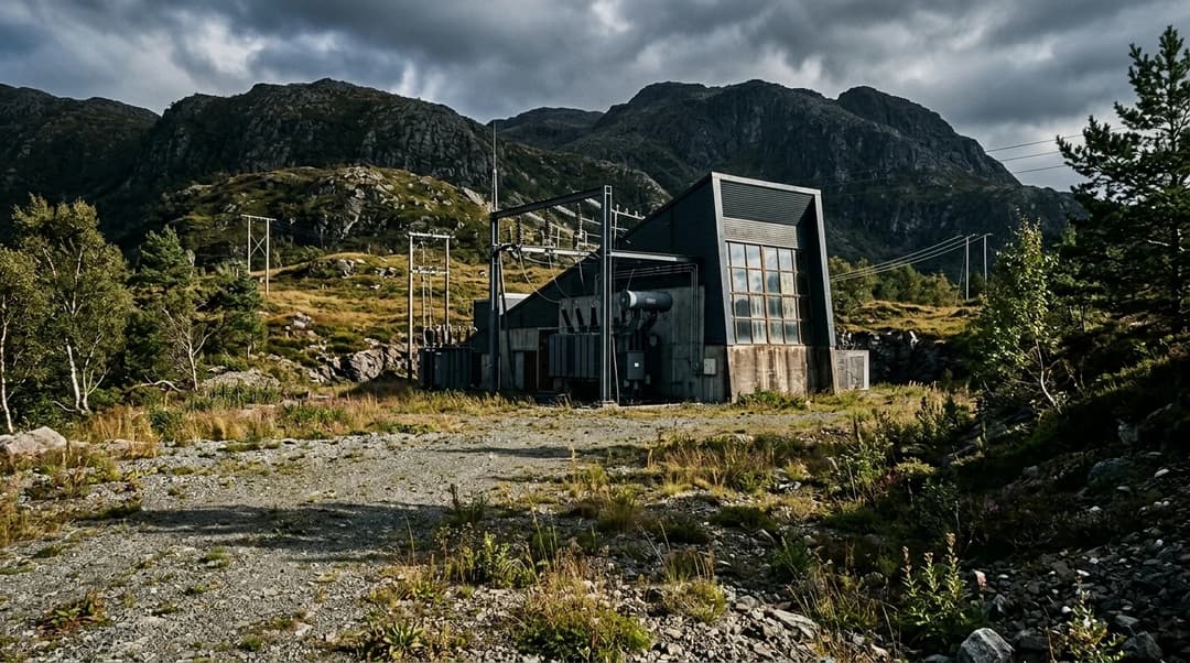 Et dramatisk landskap med Dolven transformatorstasjon som står i fokus, omkranset av natur.