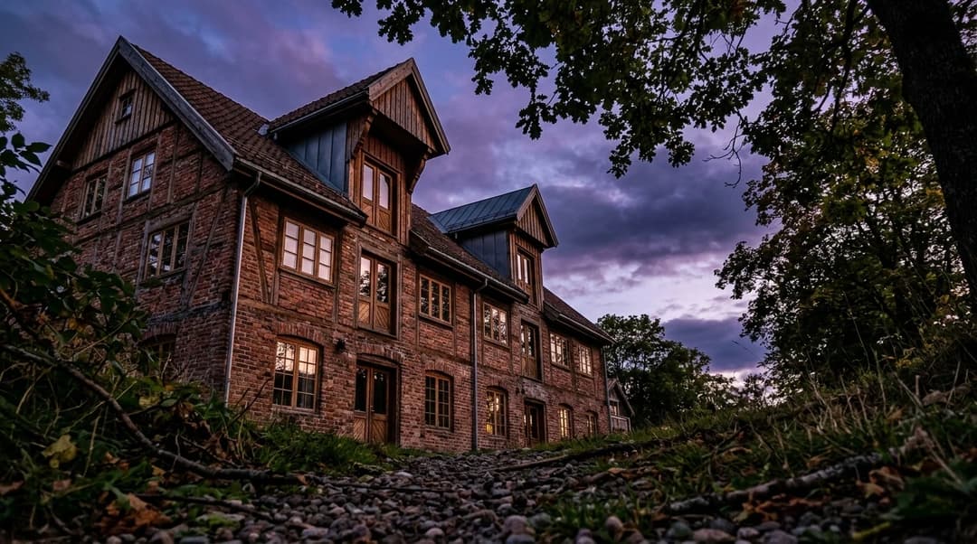 En lav vinkelvisning av Sliperiet i Larvik, med bygningens detaljer og dappled lys.