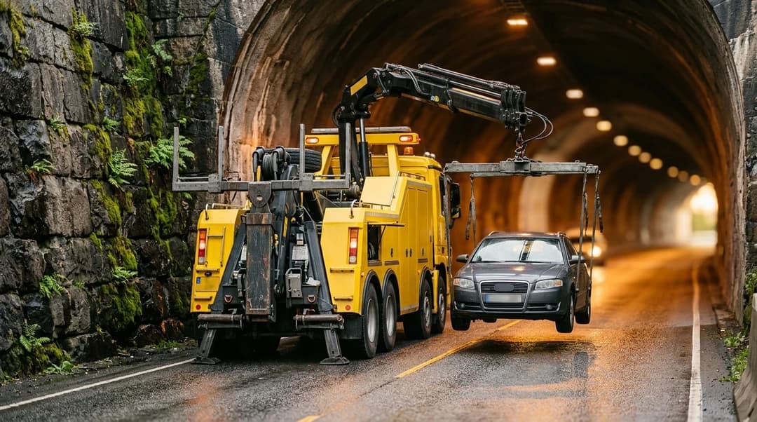 A recovery vehicle preparing to lift an immobile vehicle inside a tunnel, illuminated by golden-hour light.