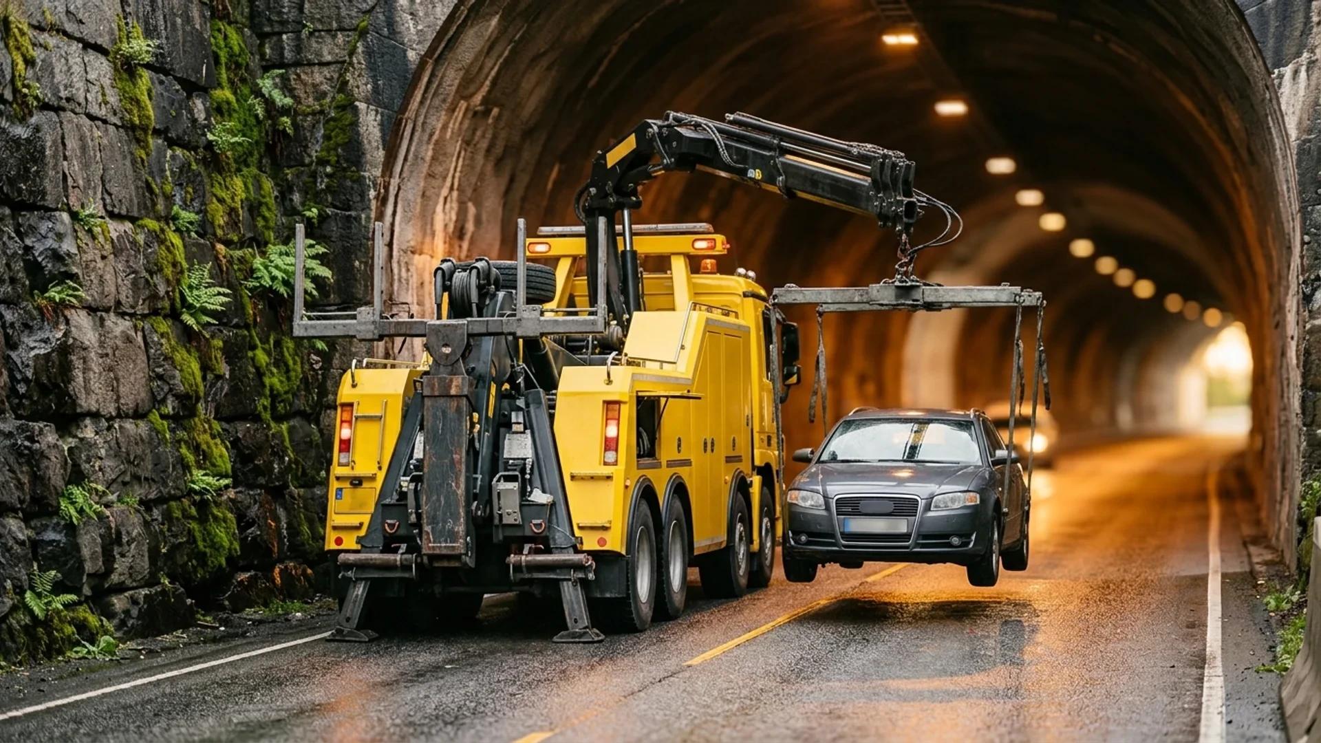 A recovery vehicle preparing to lift an immobile vehicle inside a tunnel, illuminated by golden-hour light.