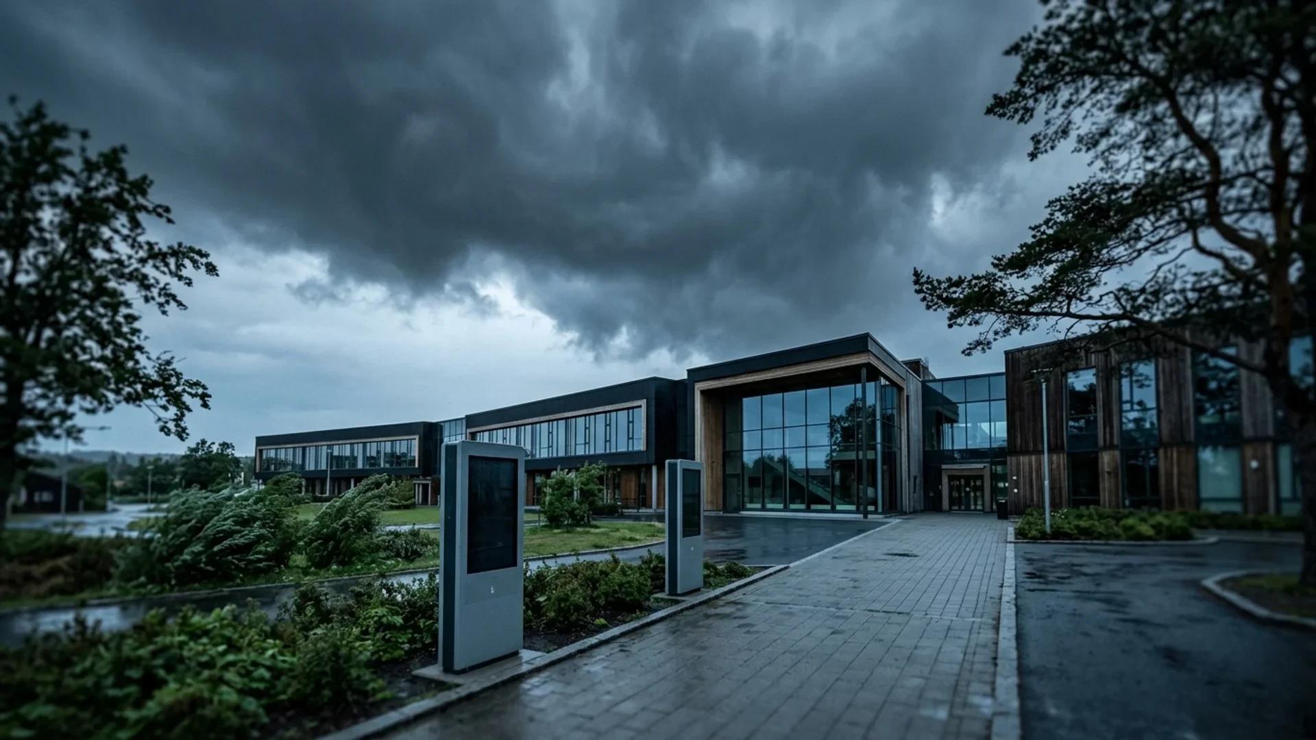 A modern school building in Larvik under a dramatic stormy sky.