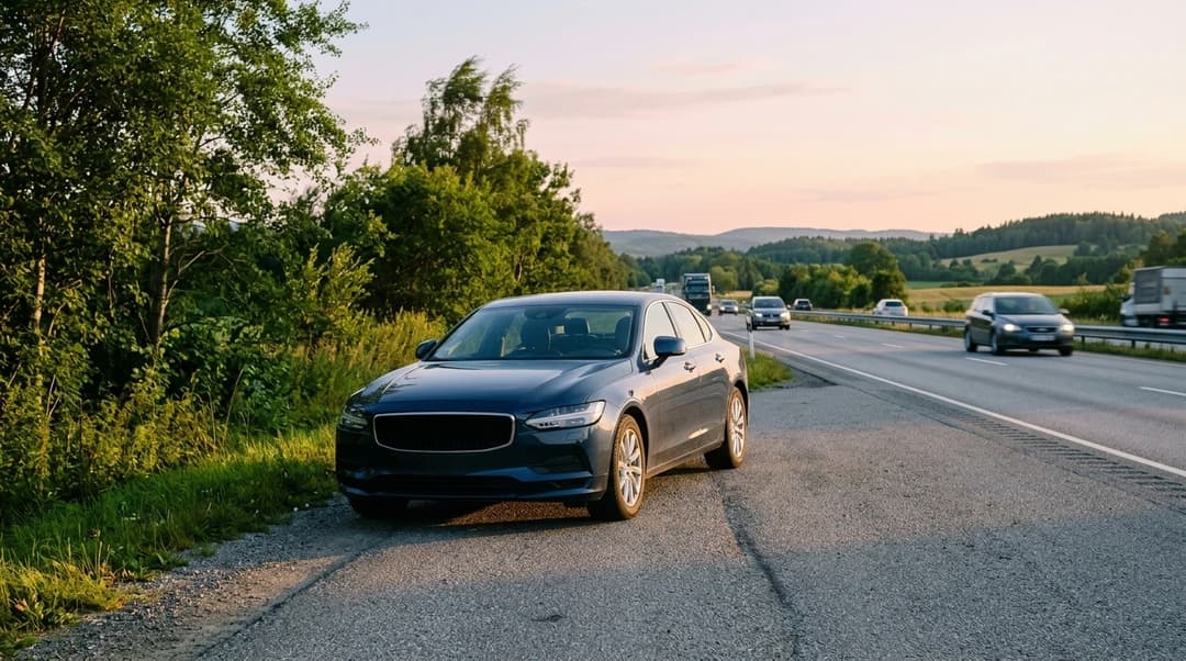 A dark sedan parked on the E18 highway near Storenga, surrounded by greenery and soft golden-hour light.