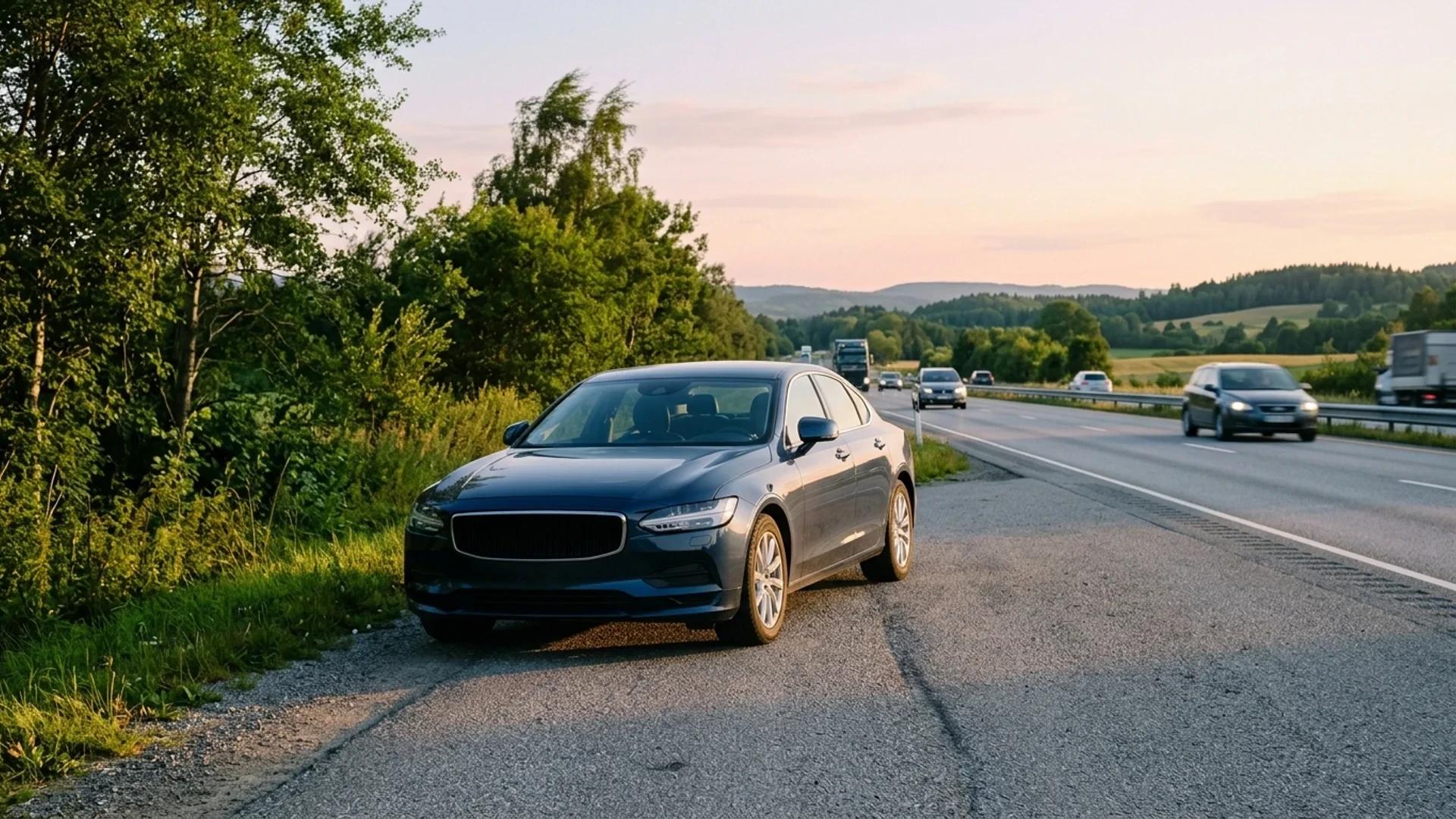 A dark sedan parked on the E18 highway near Storenga, surrounded by greenery and soft golden-hour light.